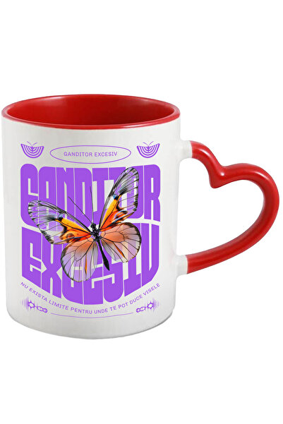 StoryGift Romania Cana FLUTURE - Ganditor Excesiv, 330ml, Ceramica cu Maner Inima Rosie, Cu Maner Inima Rosie