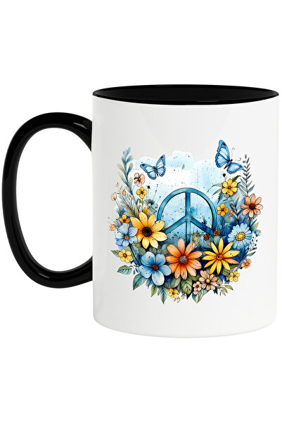 StoryGift Romania Cana cu semnul pacii, stilul hippie, cultura, ilustratie, psihedelic, flori dive, Cu Maner Negru