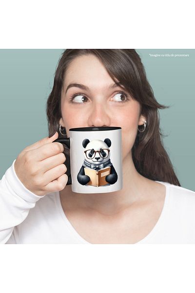 StoryGift Romania Mug with a Panda bear holding a book, illustration, glasses, nerd, bow tie, l, With, STG