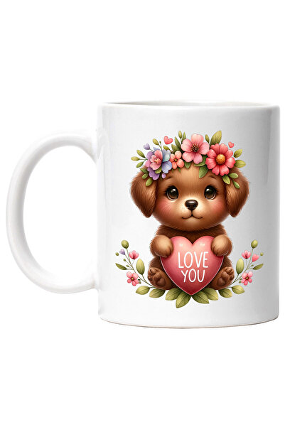 StoryGift Romania Cana cu un catel care tine o inimioara pe care scrie "Love ...