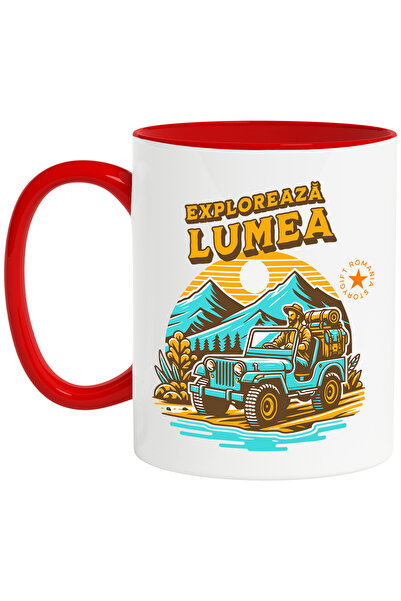 StoryGift Romania Cana ezploreaza lumea aventura prin munti calatorie, 330ml, Ceramic cu Maner Ros, Cu Maner Rosu