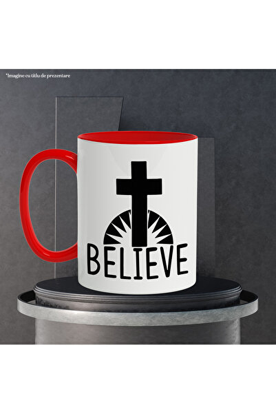 StoryGift Romania Mug with a cross and the text in English "Believe" - do you believe with Red Handle, With Red Handle S,STG