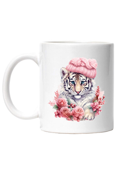 StoryGift Romania Cana cu un pui de tigru cu caciula | ilustratie | floricele | natura | frig | ro, Cu Maner Alb