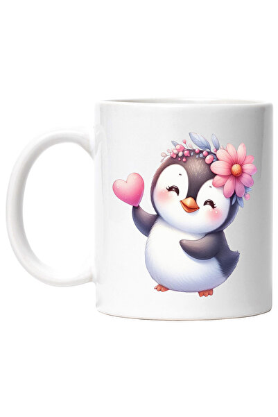 StoryGift Romania Cana cu un pinguin bucuros, ilustratie, inimioara, floare, ...