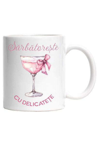 StoryGift Romania Cana Sarbatoreste cu delicatete pahar roz sampanie , 330ml, Ceramic cu Maner Alb, Cu Maner Alb