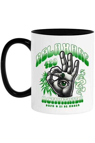 StoryGift Romania Mug with Human Hand Green Eyes Hobby Relaxation Vacation Text in Romanian Relax, With Black Handle