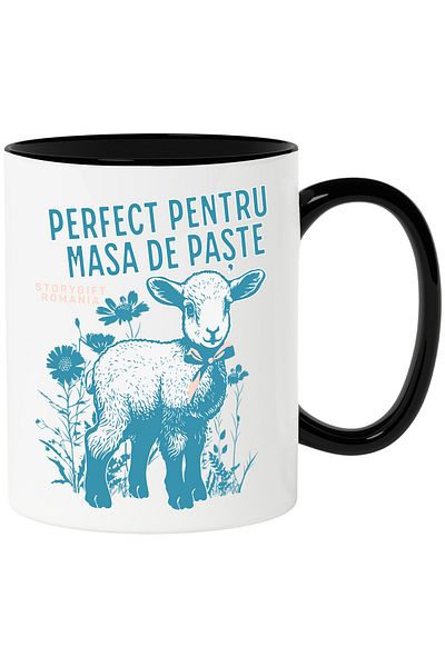 StoryGift Romania Cana perfect pentru masa de paste miel cu funda familie, 330ml, Ceramica cu Mane, Cu Maner Negru