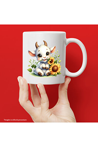 StoryGift Romania Cana cu un ied care tine o floare in gura, ilustratie, floarea-soarelui, natura,, Cu Maner Alb