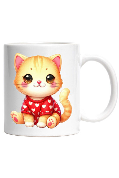 StoryGift Romania Cana cu o pisicuta vesela care poarta o bluza cu inimioare | ilustratie | pentru, Cu Maner Alb