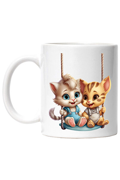 StoryGift Romania Cana cu 2 pisoi care se dau in leagan | ilustratie | joaca | amici | intelegere , Cu Maner Alb