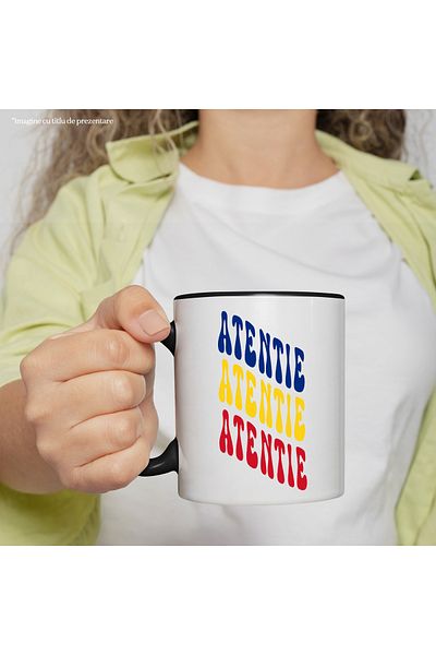StoryGift Romania Mug with the word "Attention", in the colors of the Romanian flag, red, yellow, blue, T, with STG