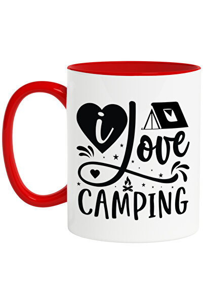 StoryGift Romania Cana cu un cort si inimioare cu mesajul "I love camping" - iubesc iesirile cu co, Cu Maner Rosu