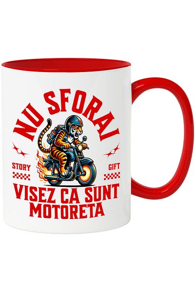 StoryGift Romania Mug with Angry Tiger with Helmet Angry Motor Windshield Cartoon Steps, With Red Handle