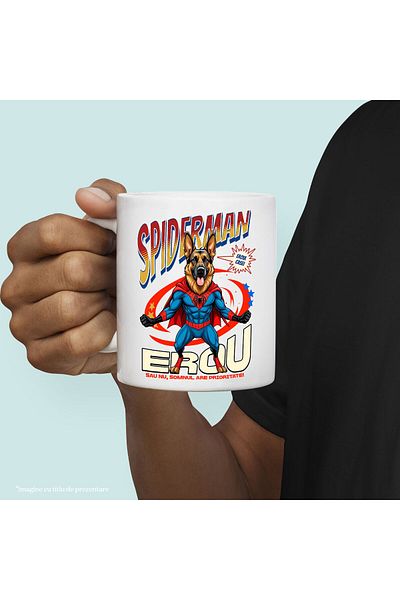 StoryGift Romania Cana cu Ciobănesc German / German Shepherd Caine In Costum de SpiderMan cu Peler, Cu Maner Alb STG