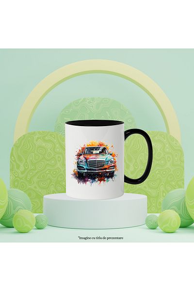 StoryGift Romania Mug With Car, Logo, Mercedes, Vintage, Splash Watercolor, Multicolor 330 ml, Ce, Cu, STG