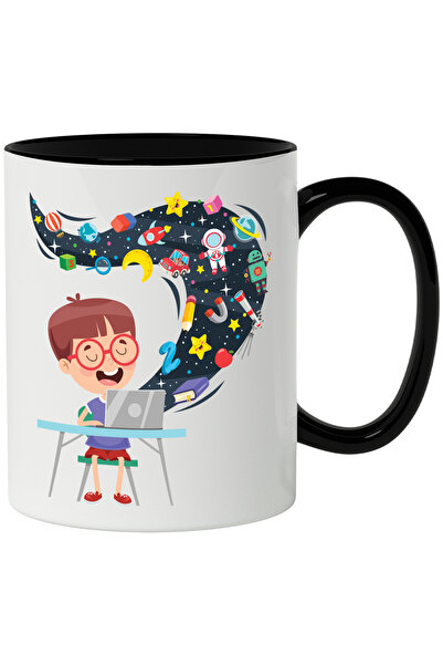 StoryGift Romania Cana Cu Copil, Laptop, Scaun, Spatiu, Luna, Astronaut, Robot, Stiinta, Multicolo, Cu Maner Negru