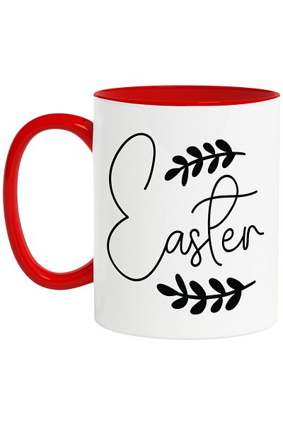 StoryGift Romania Cana cu 2 ramurele si cuvantul "Easter" - Paste sarbatoare cu Maner Rosu, Cu Maner Rosu