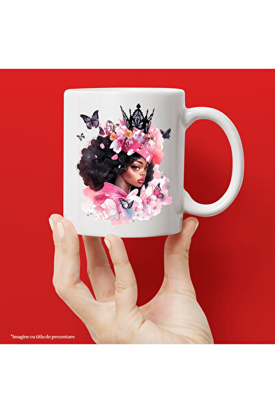 StoryGift Romania Cana cu o fata de culoare, ilustratie, abstract, floricele, roz, fluturi, pete d, Cu Maner Alb