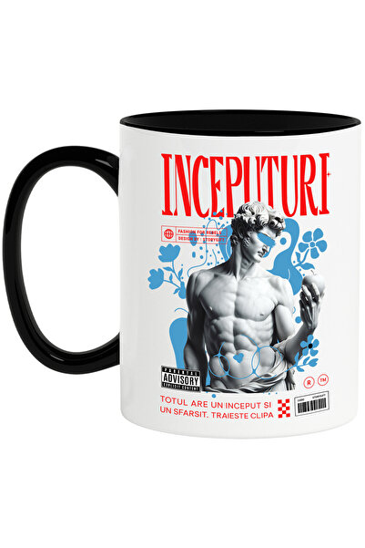 StoryGift Romania Cana cu Statuie Bust Masculin Cu Mar Text Totul are Un Inceput Si Un Sfarsit, Ce, Cu Maner Negru