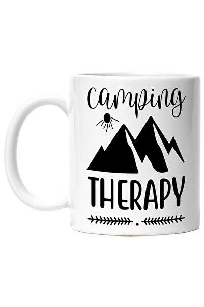 StoryGift Romania Cana cu munti si textul in engleza "Camping therapy" - terapie de camping/tabara, Cu Maner Alb