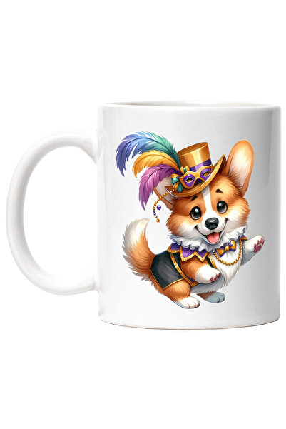 StoryGift Romania Cana cu un catel care danseaza, ilustratie, palarie de circ, pene, bucurie, dist, Cu Maner Alb