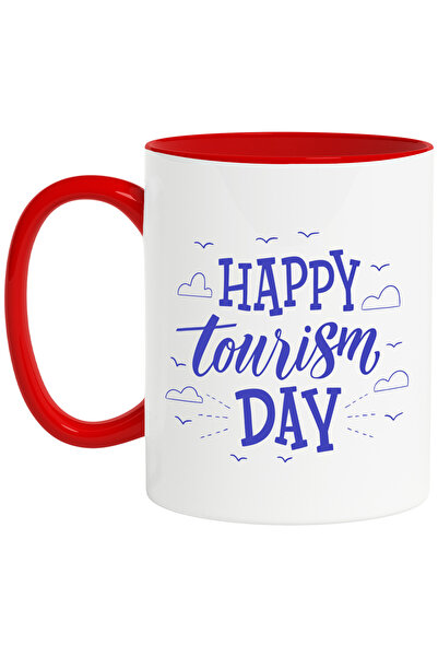 StoryGift Romania Cana cu urarea in engleza "Happy tourism day" - zi de turism fericita cu Maner R, Cu Maner Rosu