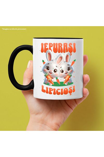 StoryGift Romania Cana Iepurasi Lipiciosi animal familie copil , 330ml, Ceramica cu Maner Negru, Cu Maner Negru