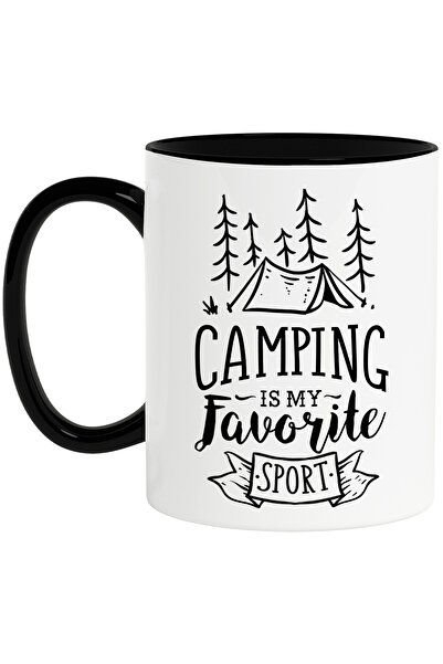 StoryGift Romania Cana cu un cort in padure si textul "Camping is my favorite sport" pentru iubito, Cu Maner Negru