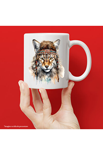 StoryGift Romania Cana cu o felina, ilustratie, diferite simboluri de la indieni, indigeni, serioa, Cu Maner Alb