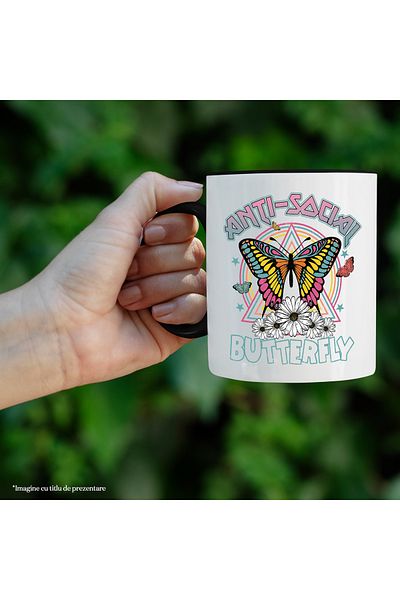 StoryGift Romania Mug with a colorful butterfly with the message "Anti-social butterfly", illustration, funny, with black handle
