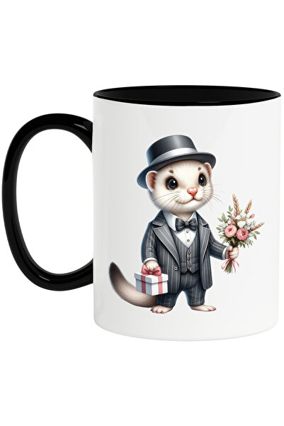 StoryGift Romania Cana cu o nevastuica la costum | ilustratie | palarie | cadou | buchet cu flori , Cu Maner Negru