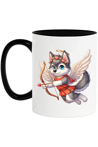 StoryGift Romania Cana cu un caine Husky Cupidon, ilustratie, trage cu arcul, indragostire, aripi,, Cu Maner Negru