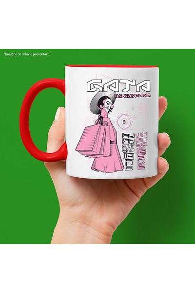 StoryGift Romania Woman Mug With Clown Mask And Shopping Bags, 330ml, Ceramic With Red Handle, With ,STG