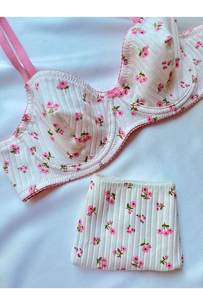 SİLVER MİRROR Cotton Floral Bra Panties Underwear Set