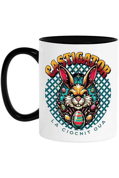 StoryGift Romania Cana castigator la ciocnit oua iepure paste, 330ml, Ceramica cu Maner Negru, Cu Maner Negru