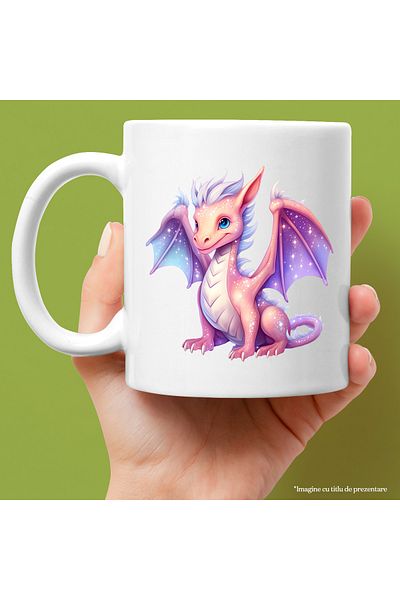 StoryGift Romania Cana cu un dragon cu corp stralucitor | ilustratie | stelute pe aripi | portocal, Cu Maner Alb