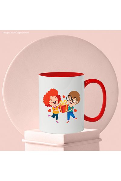 StoryGift Romania Cana Cu Copii, Cutie De Cadou, Inimi, Ochelari, Aniversare, Funda, Multicolor 33, Cu Maner Rosu