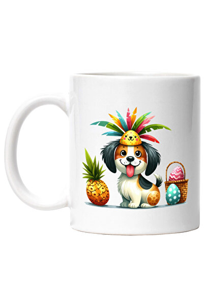 StoryGift Romania Cana cu un catel vesel, limba scoasa, ilustratie, jucaus, ananas, nebunatic, oua, Cu Maner Alb