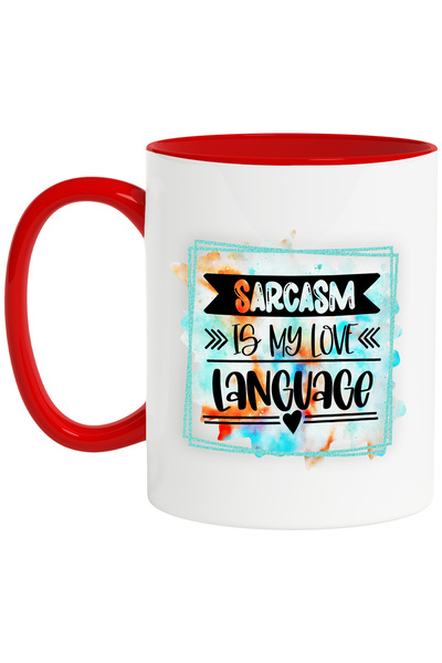 StoryGift Romania Cana cu mesajul "Sarcasm is my love language", inima, ilustratie, amuzant, razi,, Cu Maner Rosu