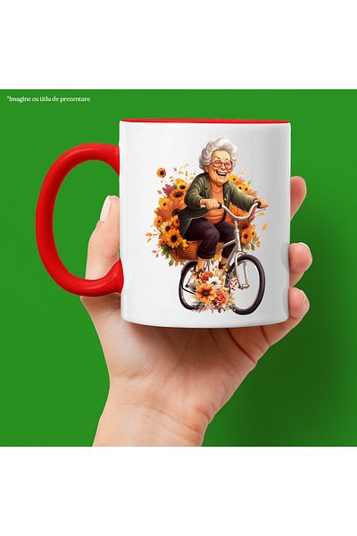 StoryGift Romania Mug with a granny with glasses riding a bike | illustration | many flowers, With ,STG