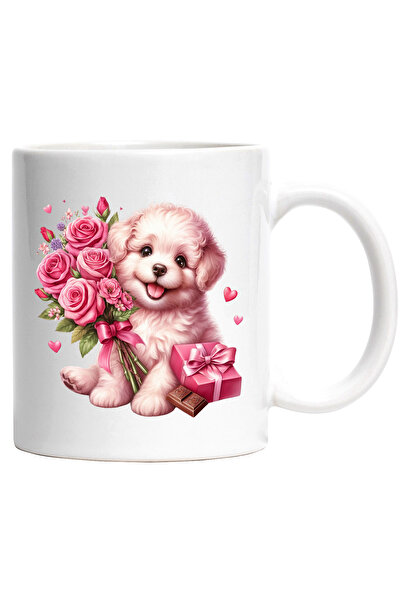 StoryGift Romania Cana cu un catel blanos si grasut care tine un buchet cu tr...