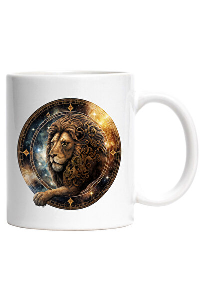 StoryGift Romania Cana cu un leu serios | ilustratie | arta abstracta | cerc | zodie | galaxie | s, Cu Maner Alb