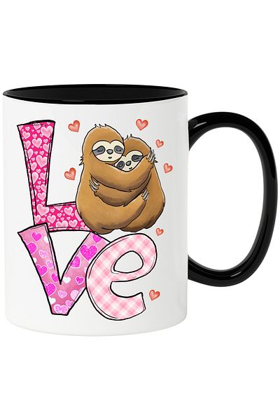 StoryGift Romania Mug with 2 sloths hugging each other with the message "Love", blushing, hearts, With ,STG