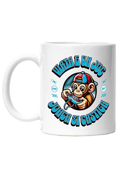StoryGift Romania Mug with Monkey with Cap Lever Video Games Hobby Gamer Text in Romanian Vi, with White Handle