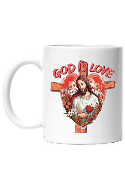 StoryGift Romania Cana cu mesajul "God is love", religie, ilustratie, credinta, Dumnezeu e iubire,, Cu Maner Alb