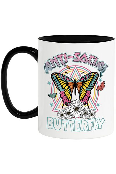 StoryGift Romania Mug with a colorful butterfly with the message "Anti-social butterfly", illustration, funny, with black handle