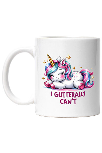 StoryGift Romania Cana cu unicorn cu mesajul "I glitterally can't", ilustratie, amuzant, razi, com, Cu Maner Alb