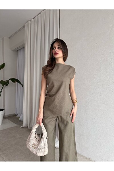 My Blog Khaki aszimmetrikus blúz nadrág szett - 7227