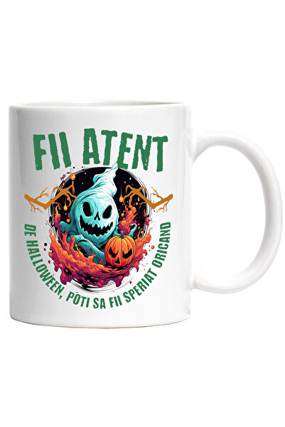 StoryGift Romania Cana fii atent H4ALLowen sperietoare fantoma, 330ml, Ceramic cu Maner Alb, Cu Maner Alb