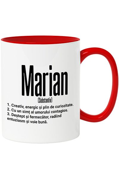 StoryGift Romania Cana Cu Numele Marian, Cu Mesaj Motivational, Creativ, Energic, Curios, Destept,, Cu Maner Rosu